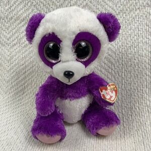 Ty Beanie Boo TySilk Boom Boom Purple & White Panda 9" with Tags